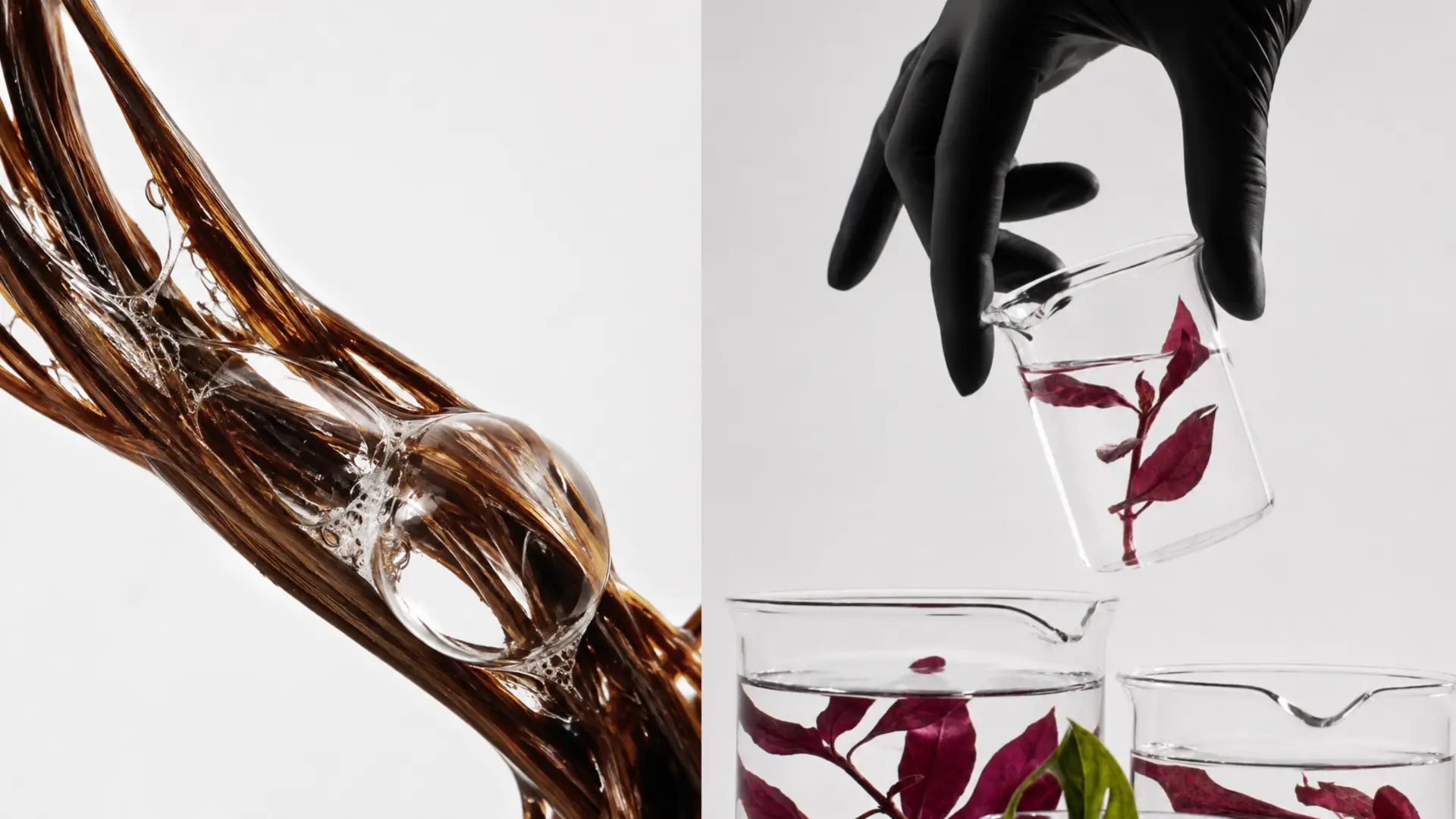 Hair strand with emulsion beside laboratory beakers holding burgundy leaves