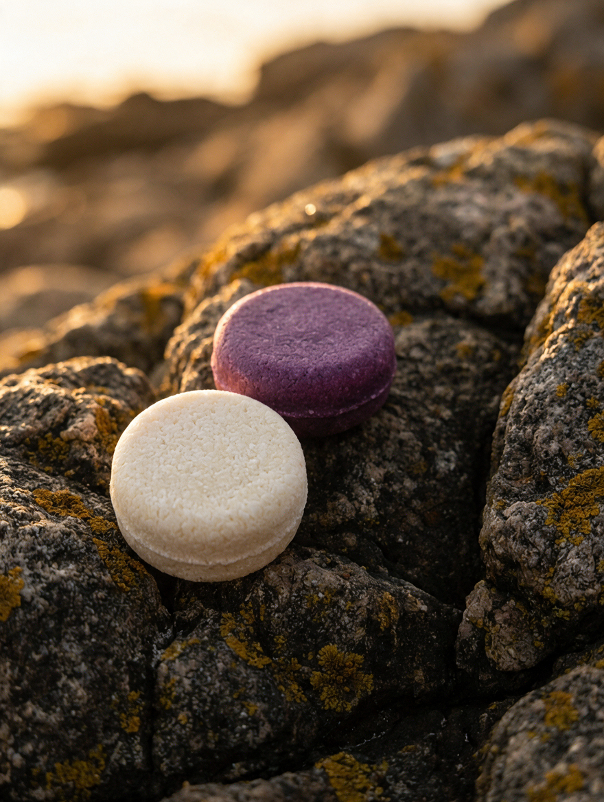 Two Sorada shampoo bars resting on mossy rocks