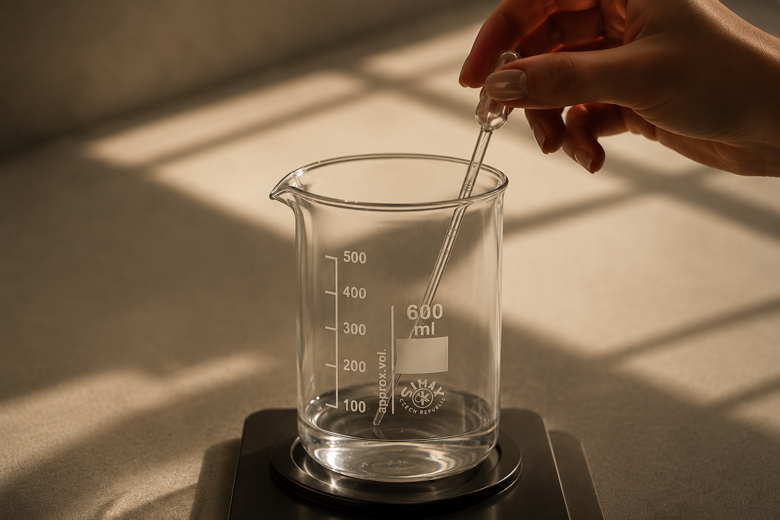 Glass beaker and pipette in a formulation laboratory